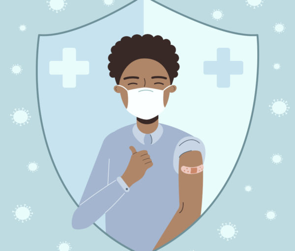 Illustration of person with mask and bandaid after receiving COVID vaccine.